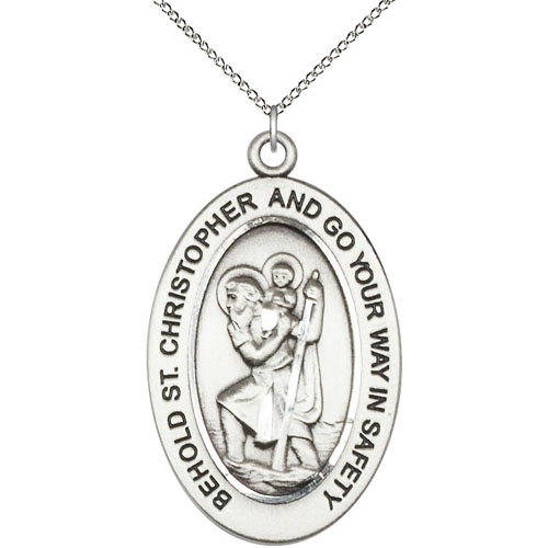 Sterling Silver 7/8in St Christopher Medal with 18in Chain