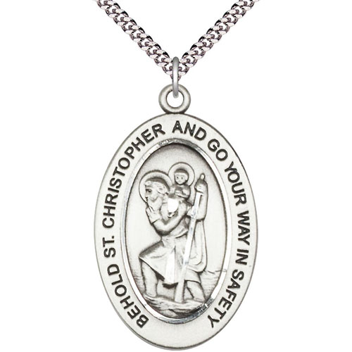 Sterling Silver 7/8in St Christopher Medal with 24in Chain