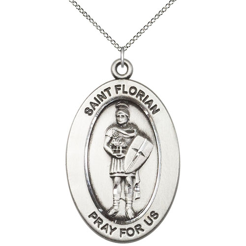 Sterling Silver 7/8in St Florian Medal with 18in Chain