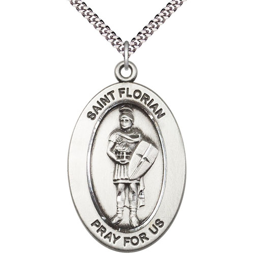 Sterling Silver 7/8in St Florian Medal with 24in Chain