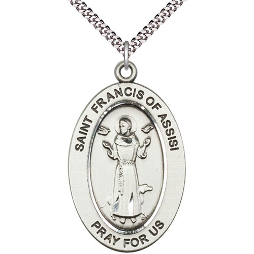Sterling Silver 7/8in St Francis Medal with 24in Chain