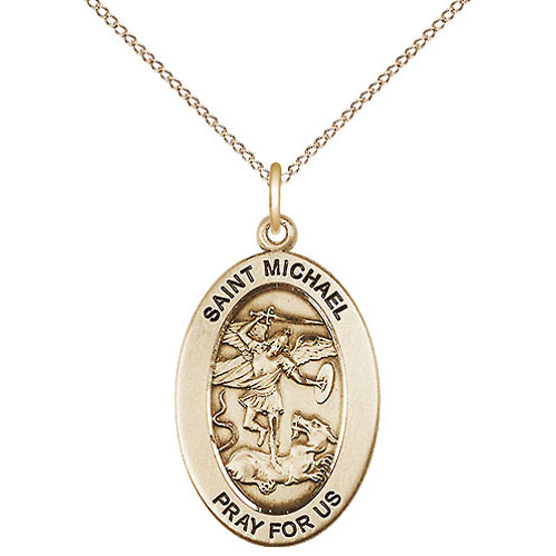 Gold Filled 7/8in Oval Antiqued St Michael Medal with 18in Chain