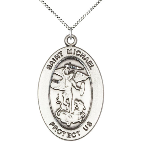 Sterling Silver 7/8in St Michael Medal with 18in Chain