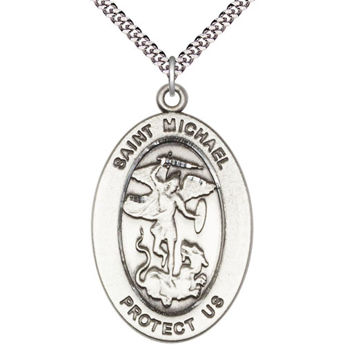 Sterling Silver 7/8in St Michael Medal with 24in Chain