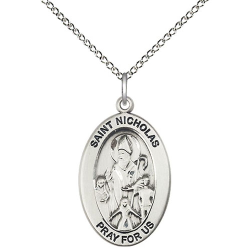 Sterling Silver 7/8in St Nicholas Medal with 18in Chain