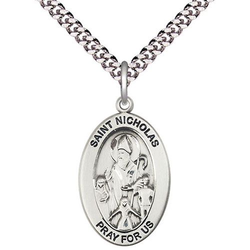 Sterling Silver 7/8in St Nicholas Medal with 24in Chain
