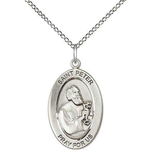 Sterling Silver 7/8in St Peter Medal with 18in Chain