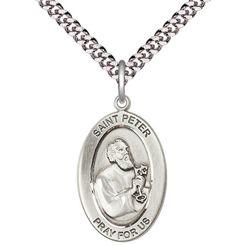 Sterling Silver 7/8in St Peter Medal with 24in Chain