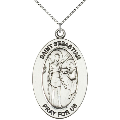 Sterling Silver 7/8in St Sebastian Medal with 18in Chain