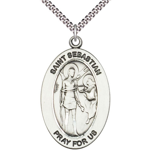 Sterling Silver 7/8in St Sebastian Medal with 24in Chain