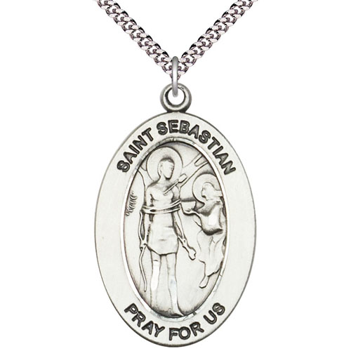 Sterling Silver 7/8in St Sebastian Medal with 24in Chain