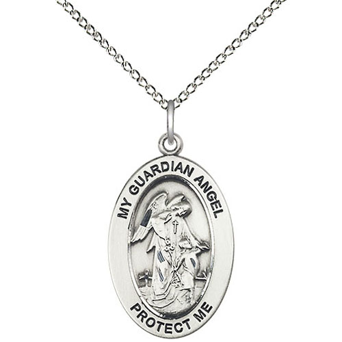 Sterling Silver 7/8in My Guardian Angel Medal with 18in Chain