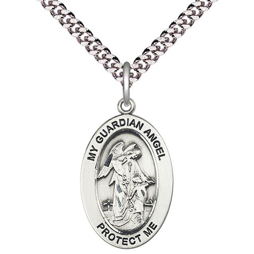 Sterling Silver 7/8in My Guardian Angel Medal with 24in Chain