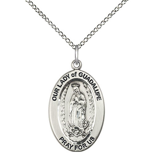 Sterling Silver 7/8in Our Lady of Guadalupe Medal with 18in Chain