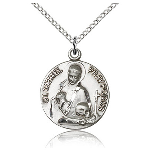 Sterling Silver 3/4in Round St Gabriel Medal & 18in Chain