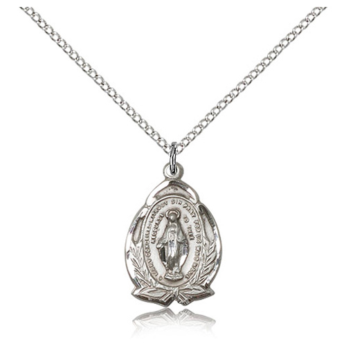 Sterling Silver 3/4in Miraculous Medal Laurel Leaf & 18in Chain