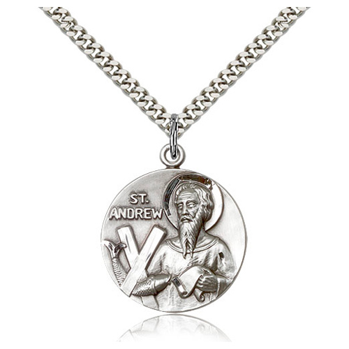Sterling Silver 7/8in Round St Andrew Medal & 24in Chain