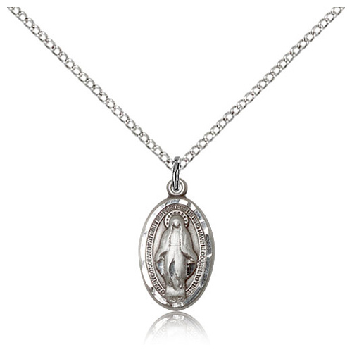 Sterling Silver 5/8in Miraculous Medal & 18in Chain