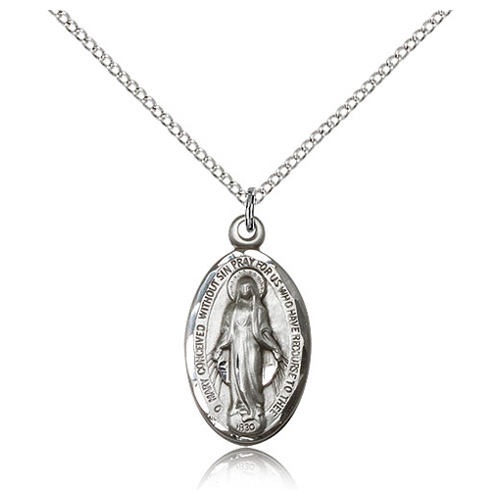 Sterling Silver 7/8in Miraculous Medal & 18in Chain
