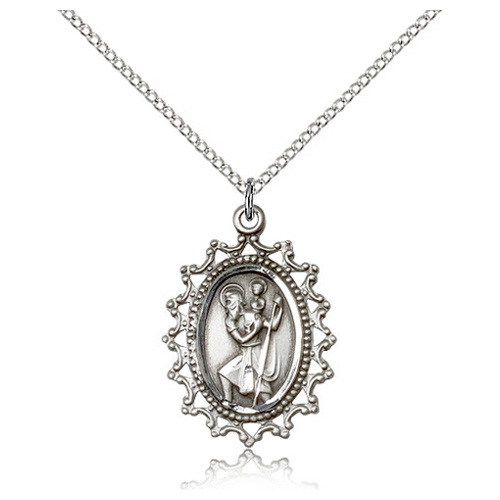 Sterling Silver 1in Beaded St Christopher Medal & 18in Chain