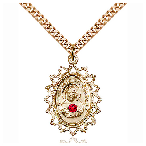 Gold Filled 1in Scapular Pendant with 3mm Ruby Bead & 18in Chain