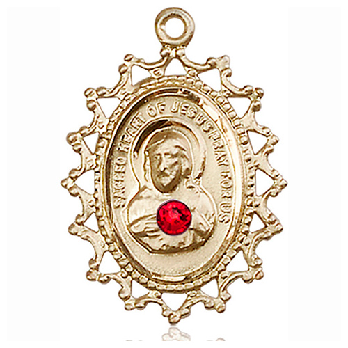 14k Yellow Gold 1in Fancy Scapular Medal with 3mm Ruby Bead