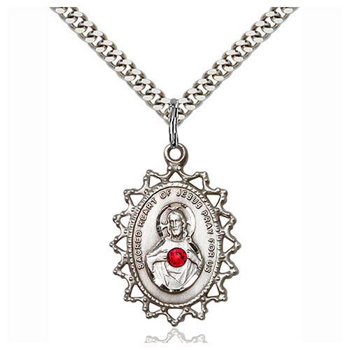 Sterling Silver 1in Sacred Heart of Jesus Medal Ruby Bead & 18in Chain