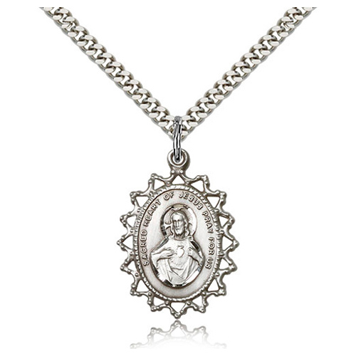 Sterling Silver 1in Sacred Heart of Jesus Medal & 24in Chain