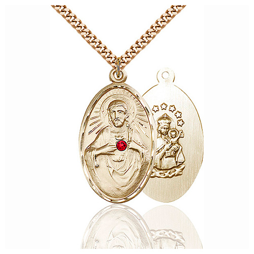 Gold Filled 1 3/8in Oval Scapular Medal Ruby Bead & 24in Chain