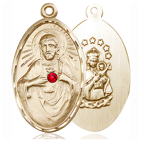 14kt Yellow Gold 1 3/8in Oval Scapular Medal with 3mm Ruby Bead