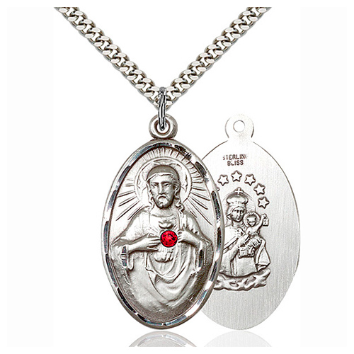 Sterling Silver 1 3/8in Oval Scapular Medal Ruby Bead & 24in Chain