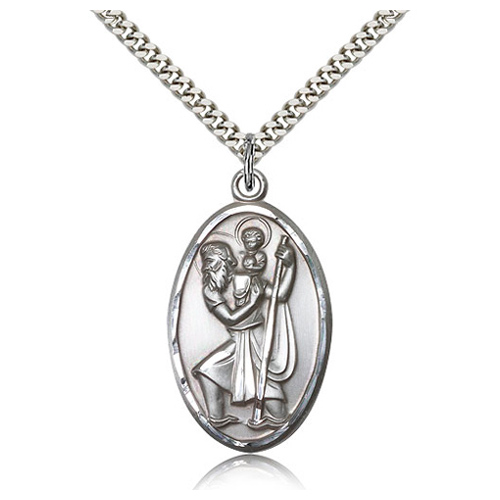 Sterling Silver 1 3/8in Oval St Christopher Medal & 24in Chain