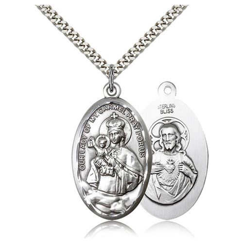 Sterling Silver 1 3/8in Our Lady of Mount Carmel & 24in Chain