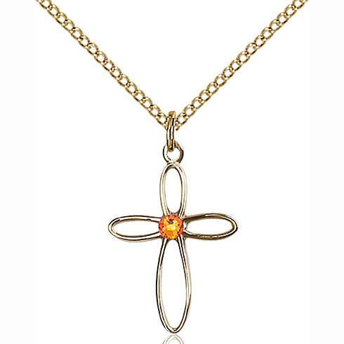Gold Filled 3/4in Loop Cross Pendant with 3mm Topaz Bead & 18in Chain