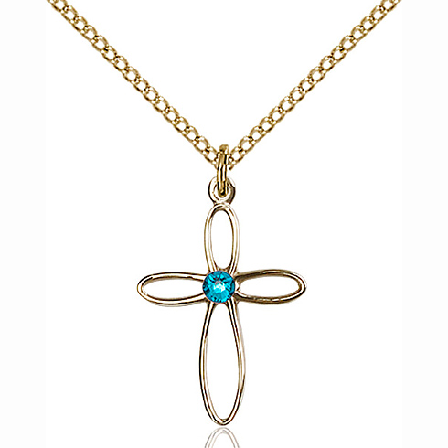 Gold Filled 3/4in Loop Cross Pendant with 3mm Zircon Bead & 18in Chain