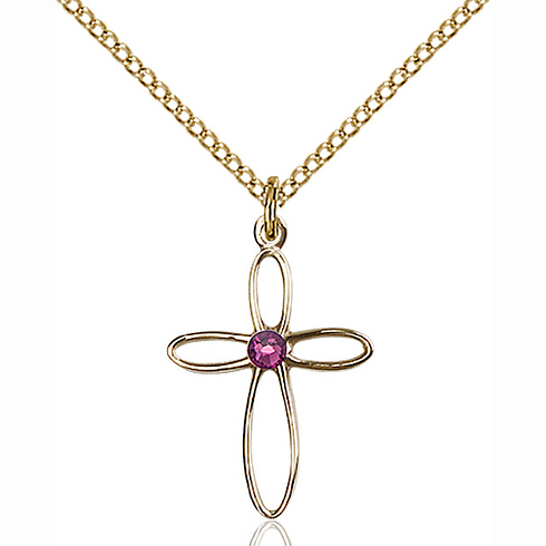 Gold Filled 3/4in Loop Cross Pendant with Amethyst Bead & 18in Chain