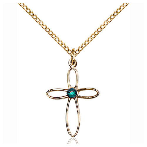 Gold Filled 3/4in Loop Cross Pendant with Emerald Bead & 18in Chain