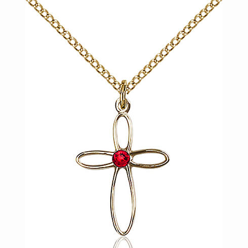 Gold Filled 3/4in Loop Cross Pendant with 3mm Ruby Bead & 18in Chain