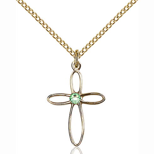 Gold Filled 3/4in Loop Cross Pendant with Peridot Bead & 18in Chain