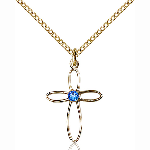 Gold Filled 3/4in Loop Cross Pendant with Sapphire Bead & 18in Chain