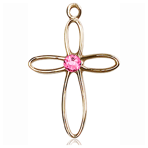 14kt Yellow Gold 7/8in Loop Cross Pendant with 3mm Rose Bead