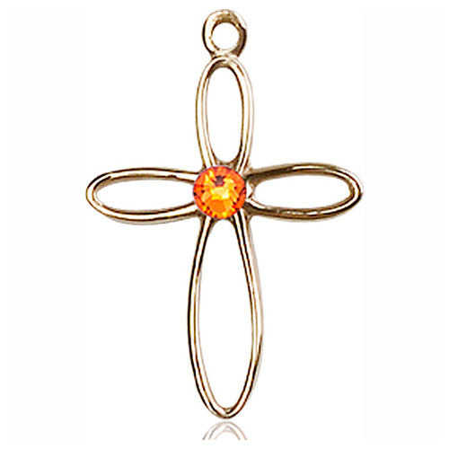 14kt Yellow Gold 7/8in Loop Cross Pendant with 3mm Topaz Bead