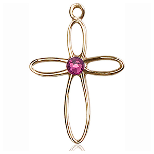 14kt Yellow Gold 7/8in Loop Cross Pendant with 3mm Amethyst Bead