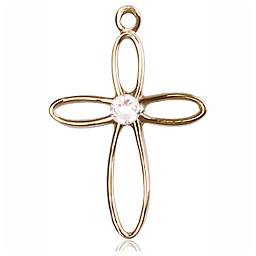 14kt Yellow Gold 7/8in Loop Cross Pendant with 3mm Crystal Bead