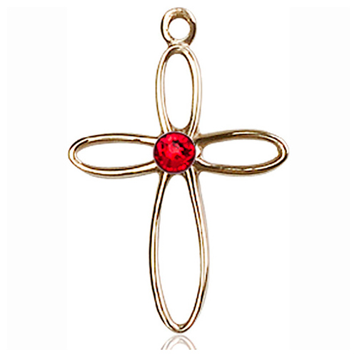14kt Yellow Gold 7/8in Loop Cross Pendant with 3mm Ruby Bead