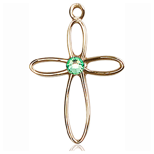 14kt Yellow Gold 7/8in Loop Cross Pendant with 3mm Peridot Bead