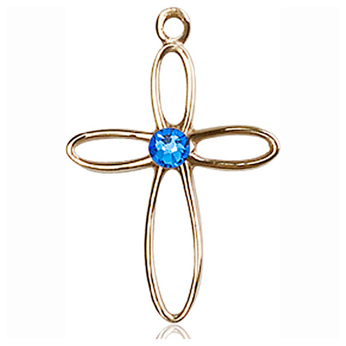 14kt Yellow Gold 7/8in Loop Cross Pendant with 3mm Sapphire Bead