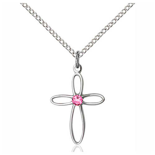 Sterling Silver 3/4in Loop Cross Pendant with Rose Bead & 18in Chain