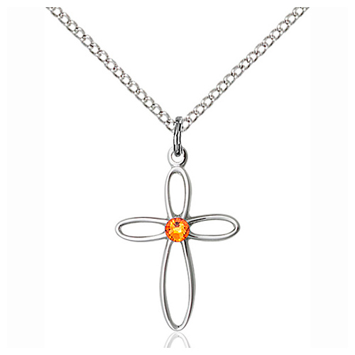 Sterling Silver 3/4in Loop Cross Pendant with Topaz Bead & 18in Chain