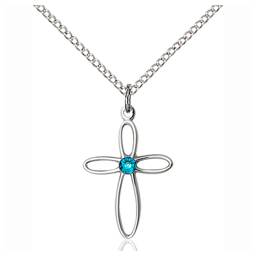 Sterling Silver 3/4in Loop Cross Pendant with Zircon Bead & 18in Chain